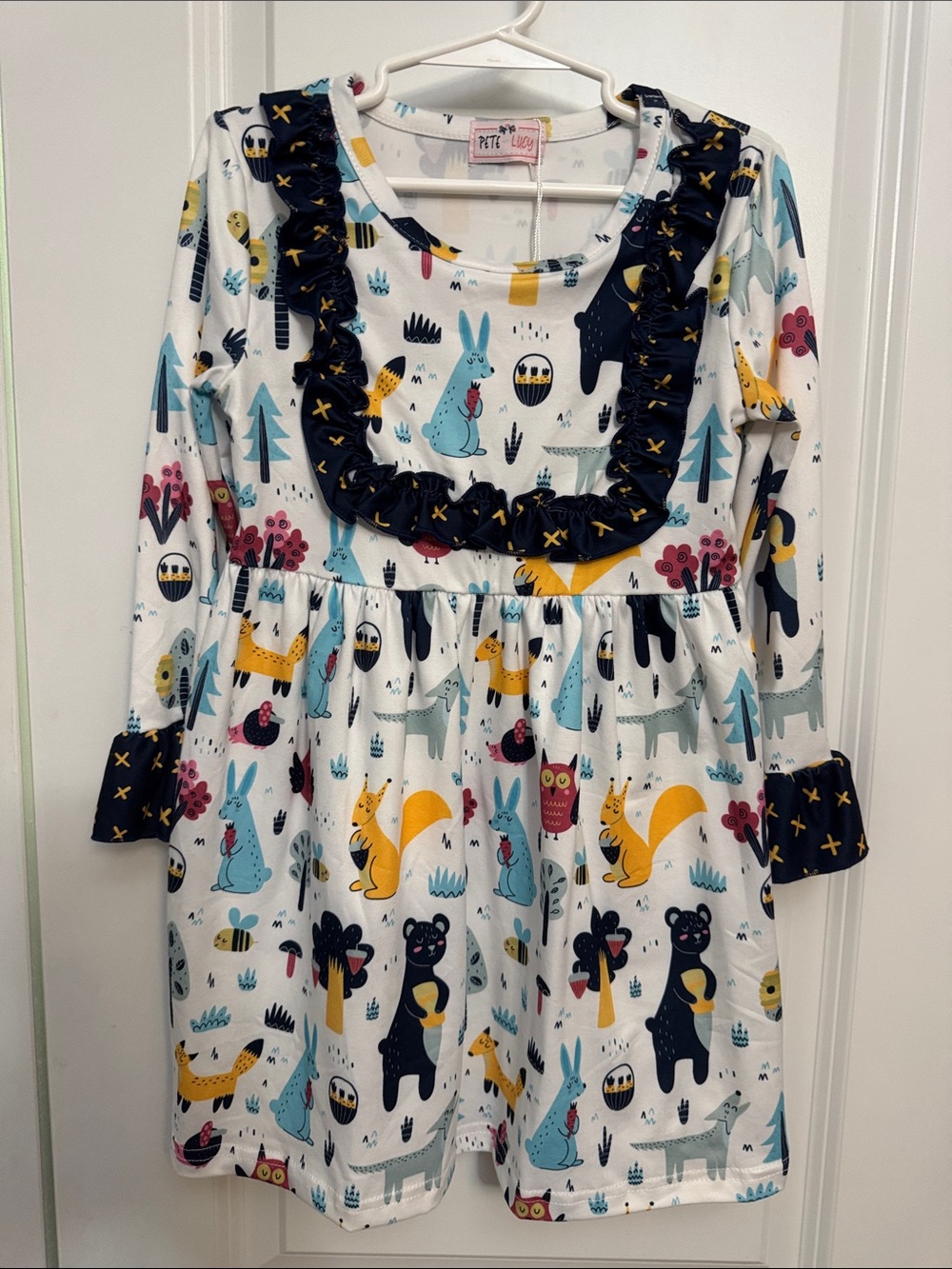 White Woodland Animal Ruffle Dress for Kids by Petite Lemur